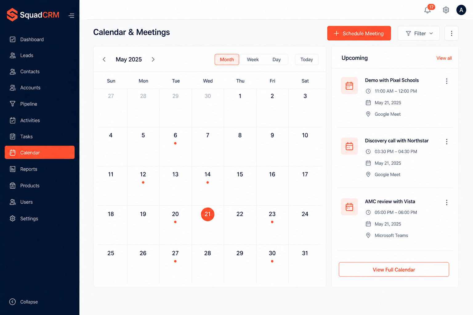 SquadCRM calendar and meetings