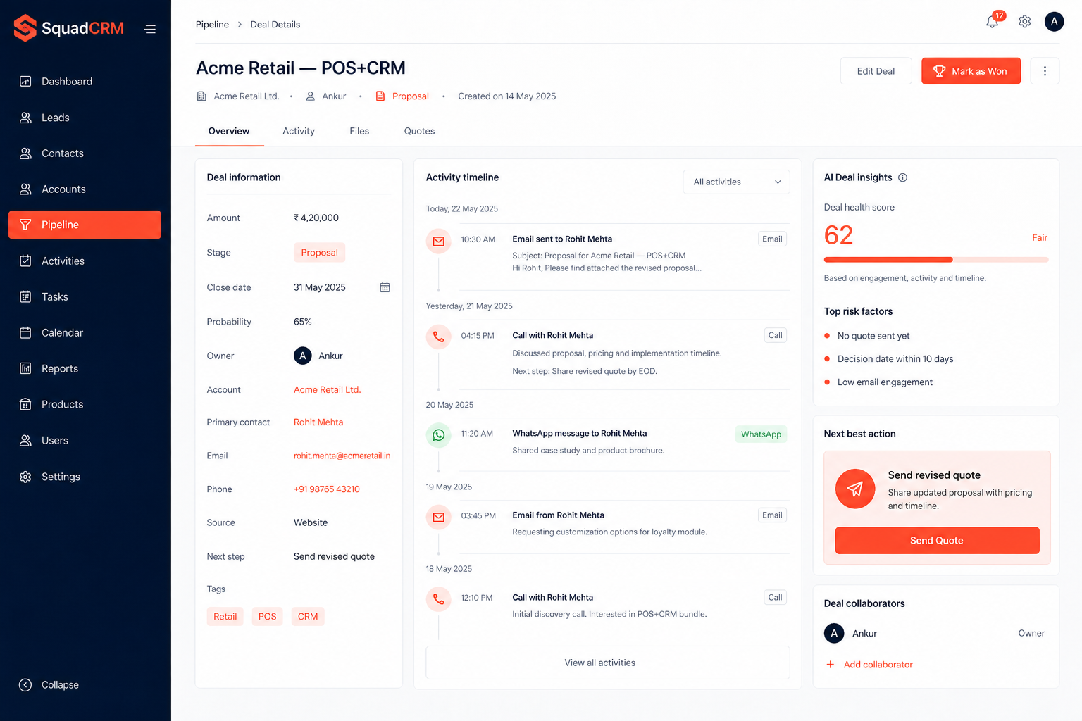 SquadCRM deal detail and risk
