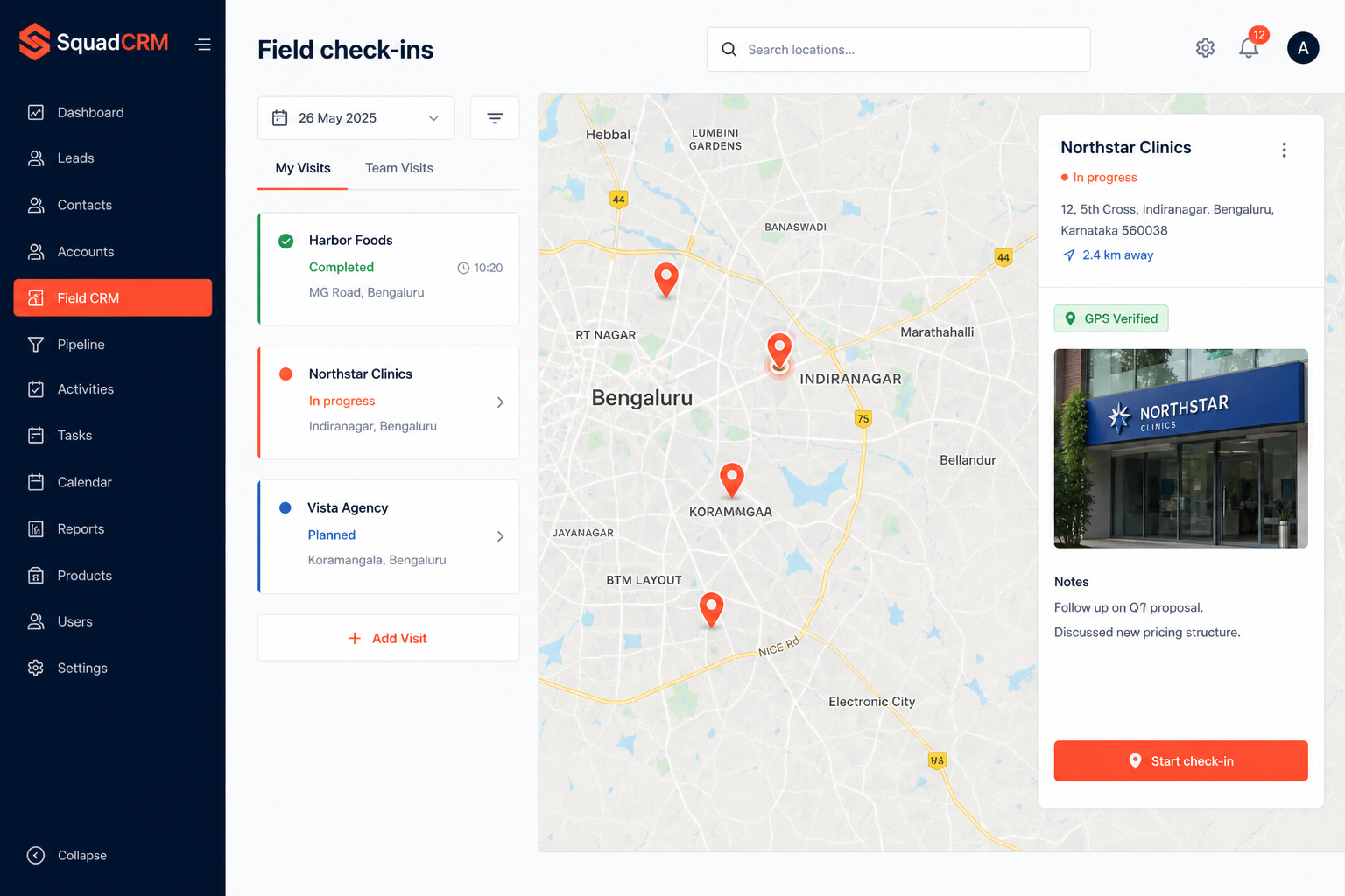 SquadCRM field check-ins map