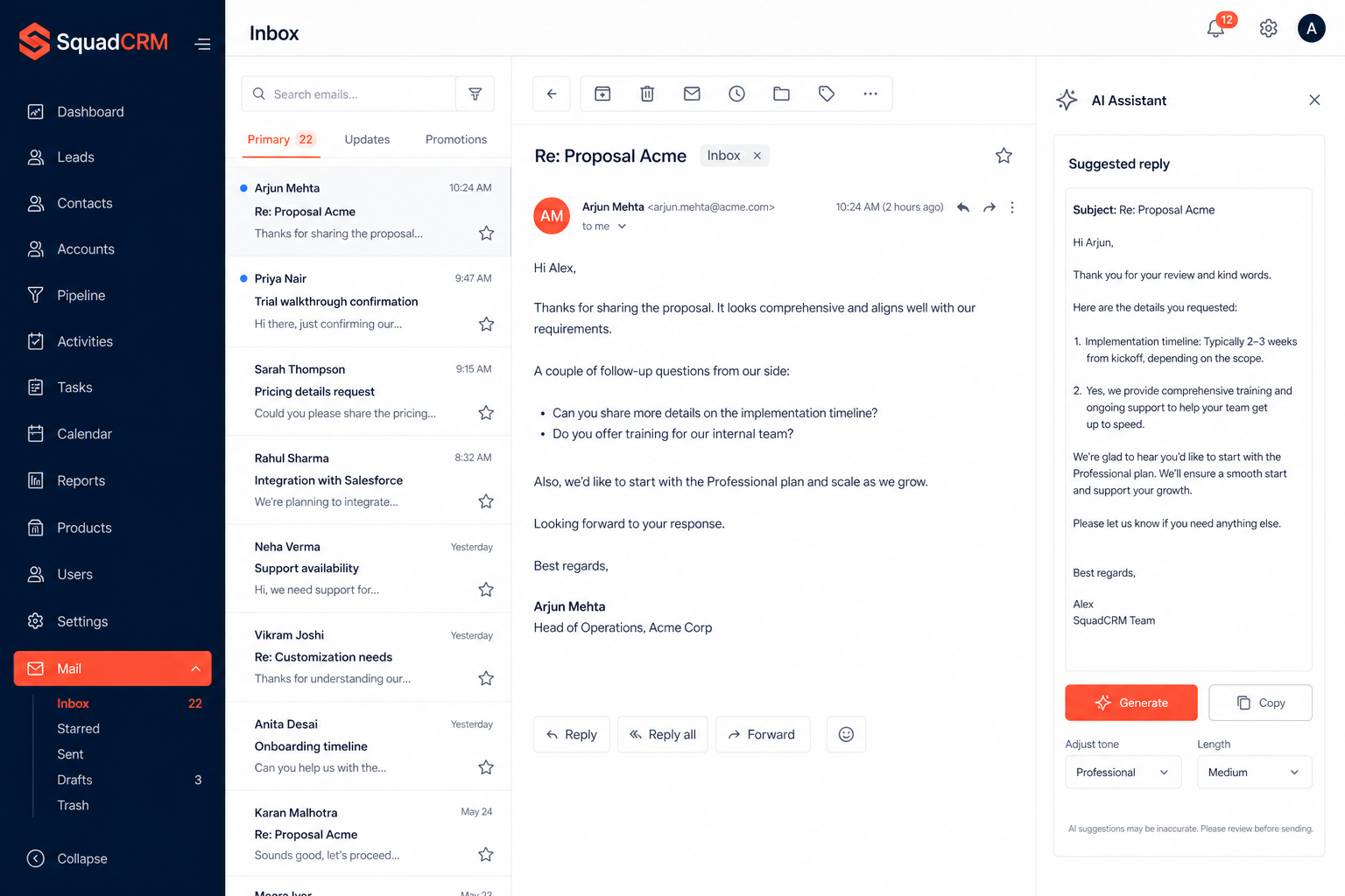 SquadCRM email inbox