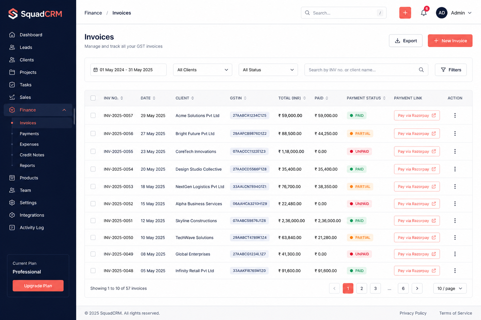 SquadCRM GST invoices