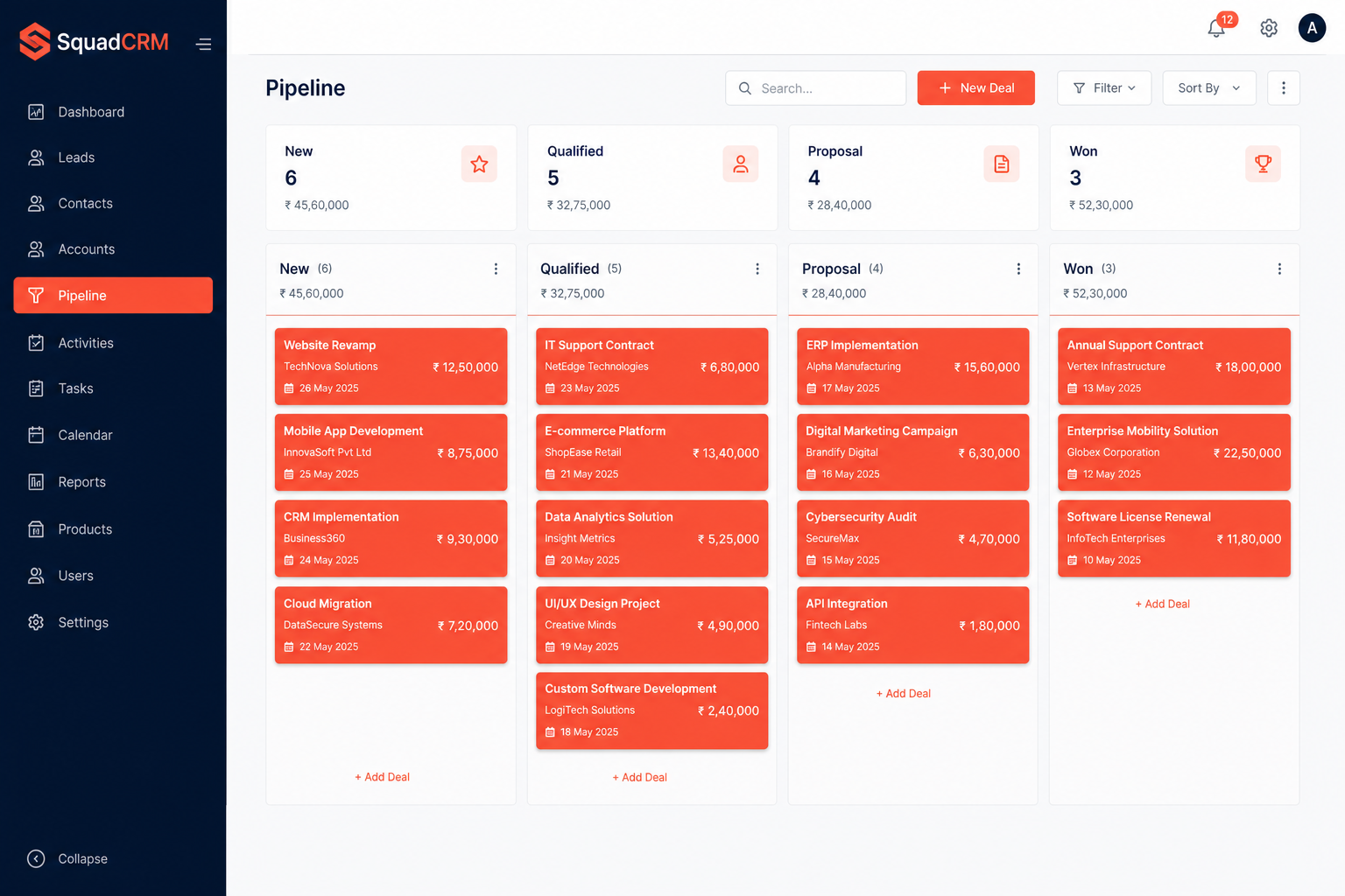 SquadCRM pipeline kanban