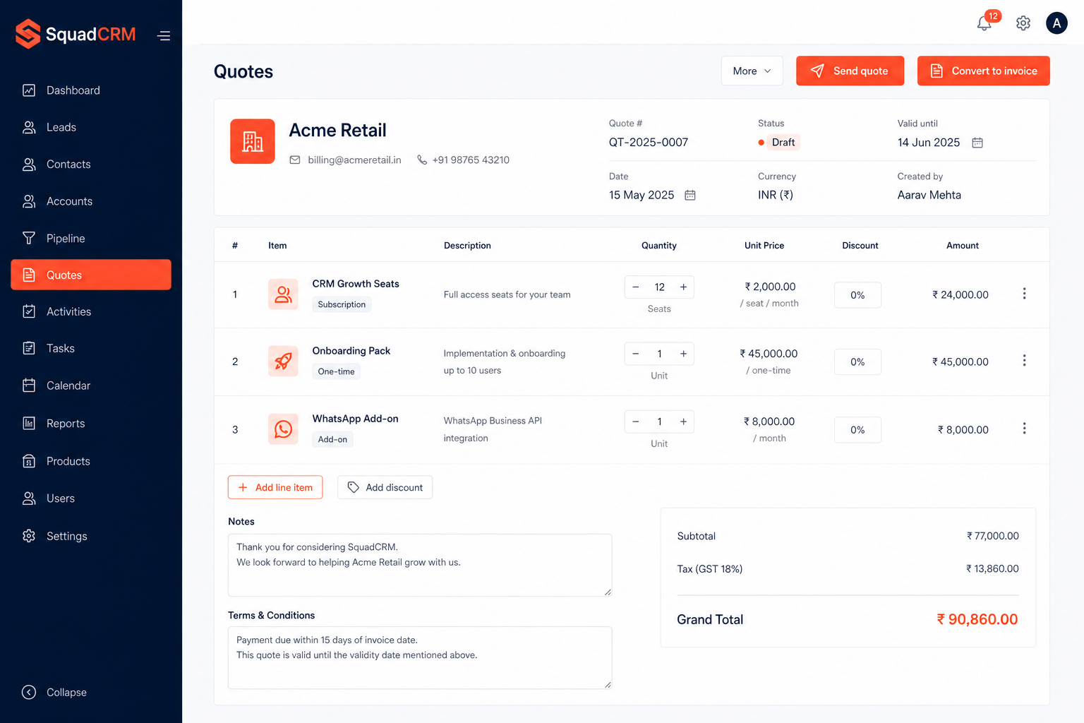 SquadCRM quotes and CPQ