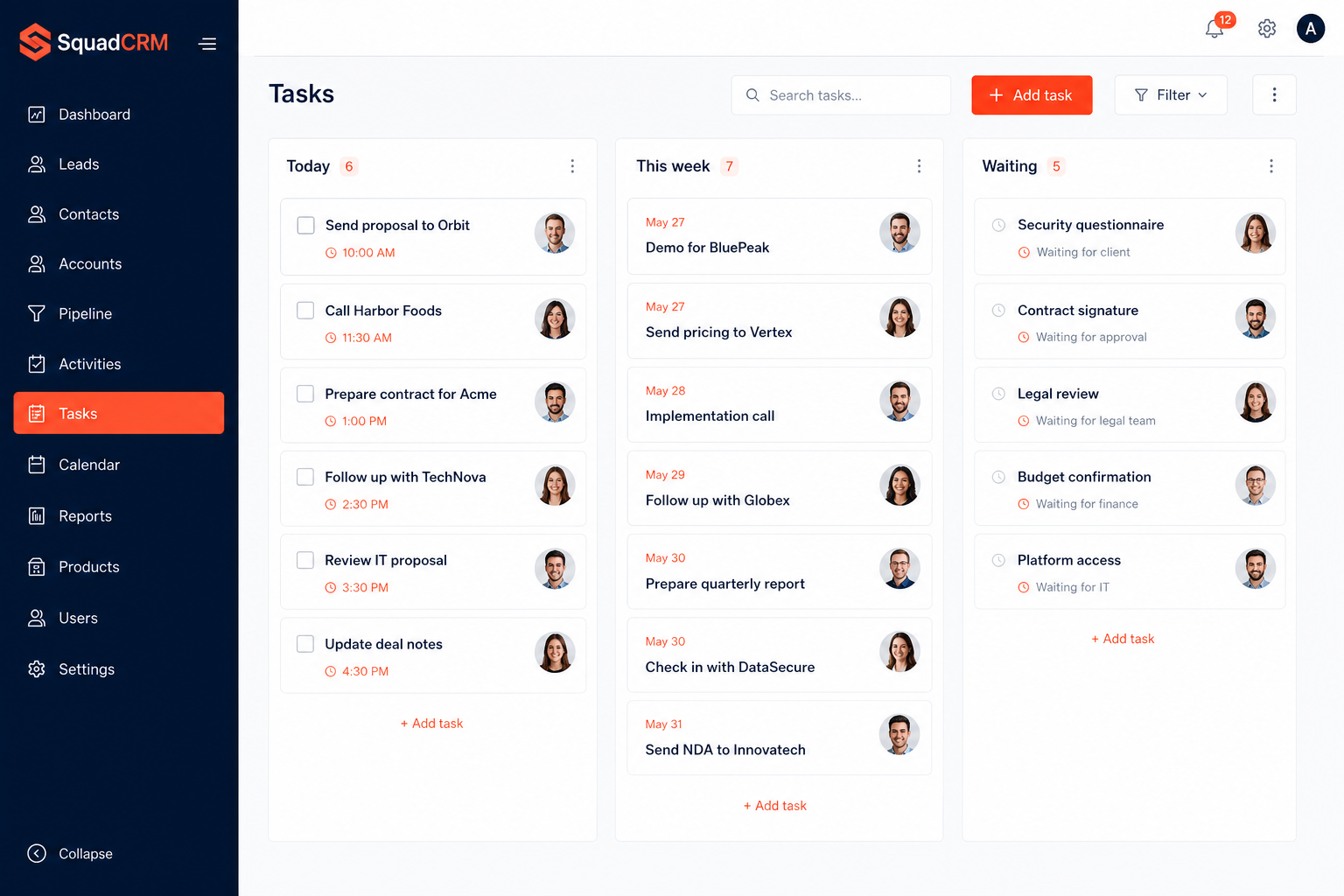 SquadCRM tasks board