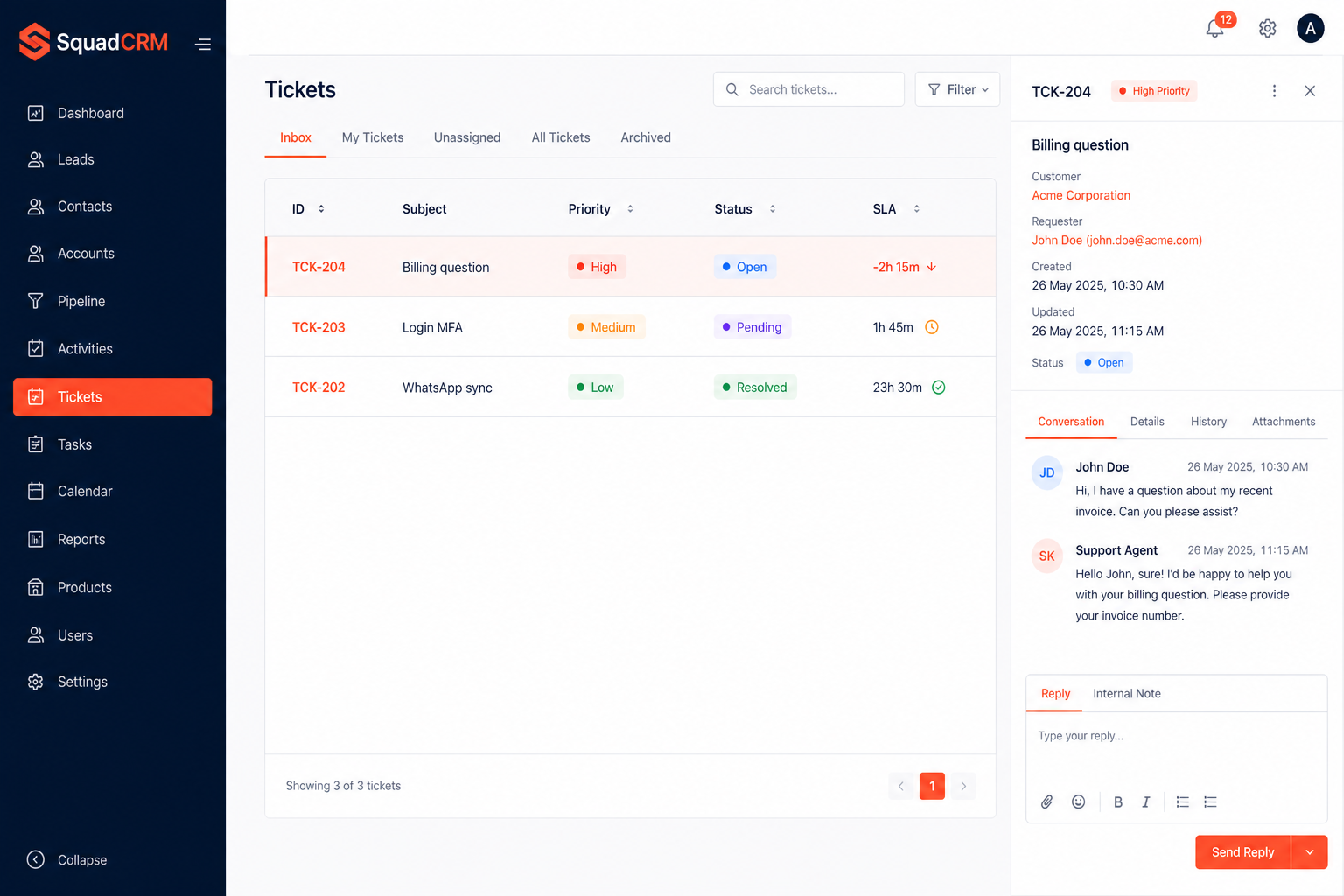 SquadCRM support tickets