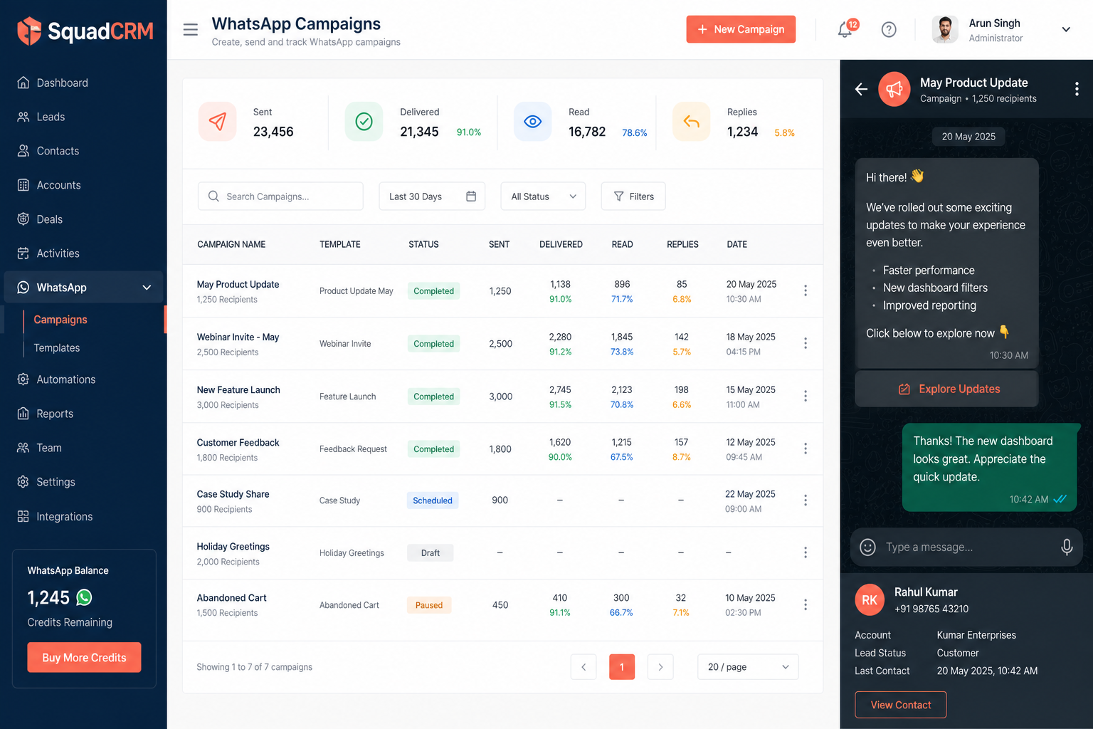 SquadCRM WhatsApp campaigns